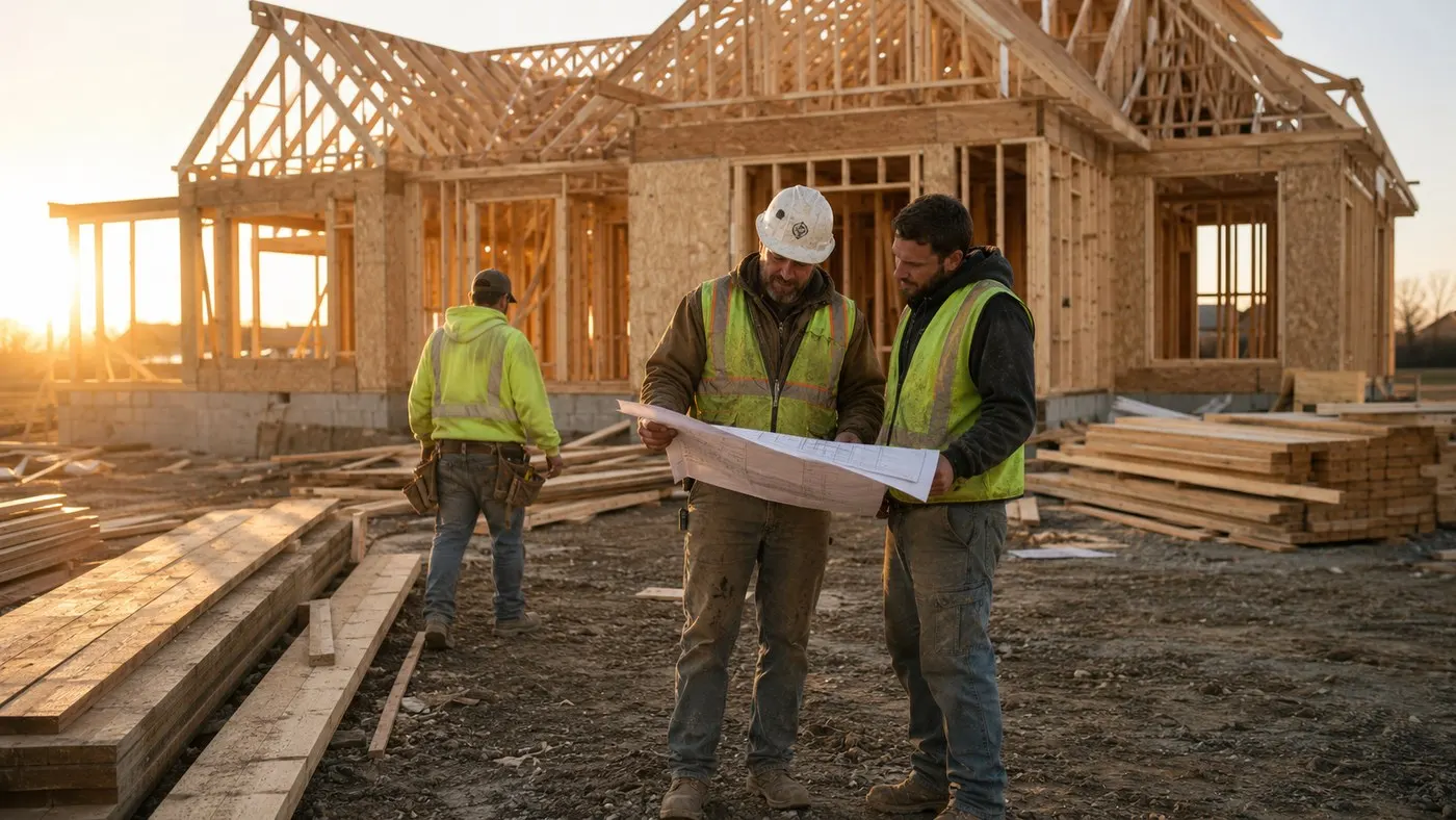 Two general contractors reviewing plans in front of a wood-framed new home at sunrise